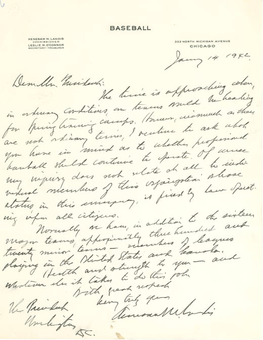 Letter from Kenesaw Landis to President Franklin D. Roosevelt Regarding Baseball