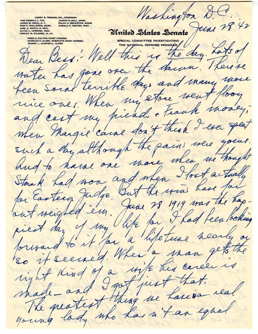 First page of a handwritten letter to Bess Truman on United States Senate stationary
