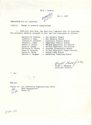 Memo from NACA Associate Director Floyd L. Thompson to all NACA Installations Regarding the Dissolution of the West Area Computers Unit
