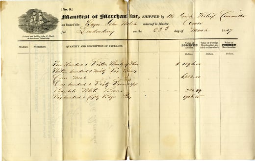 Manifest document of merchandise shipped by the Irish Relief Committee