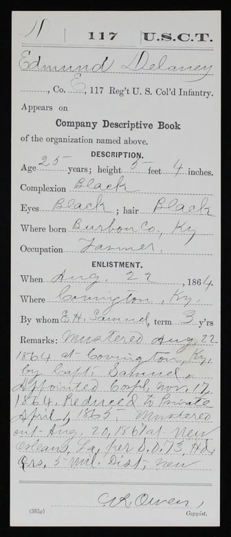 First page of military service record for Edmund Delaney listing his name, height, occupation, etc