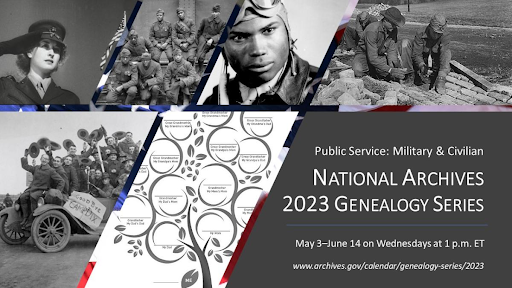 Image advertising the 2023 Genealogy Series containing black and white photos of military service members.