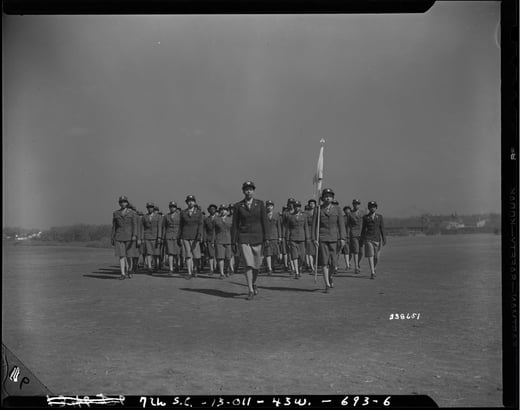 Photograph of Women's Army Auxiliary Corps (WAAC) Captain Charity Adams Drilling Her Company at the First WAAC Training Center in Fort Des Moines, Iowa