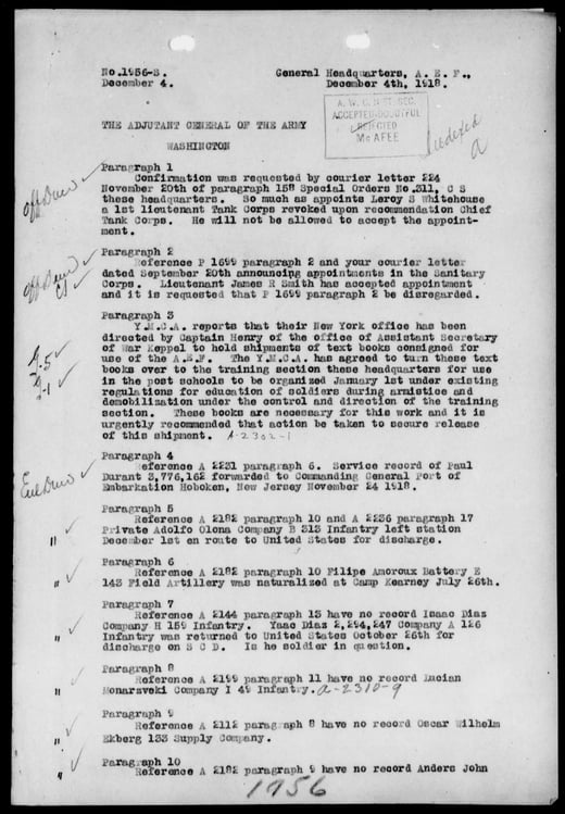 Typewritten first page of a confidential cablegram from General John J. Pershing. The page is typewritten with handwritten remarks in the margin
