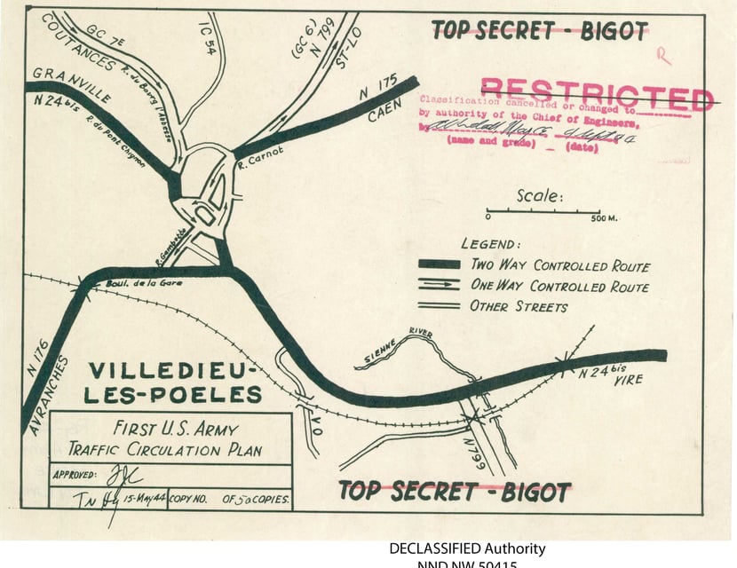 Map of traffic circulation plan in Villedieu-Les-Poeles. 