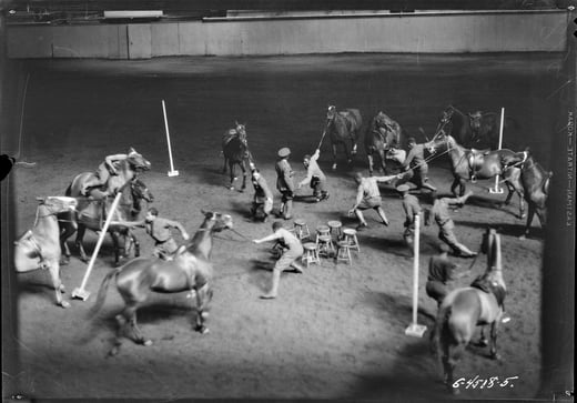 Black and white photograph of soldiers in an arena, performing training exercises with horses. 