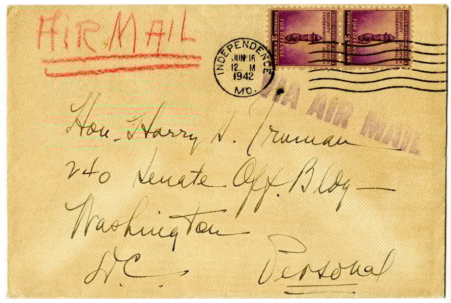 Envelope of letter with hand written address to Harry Truman. The envelope is stamped and postmarked from Independence Missouri with 