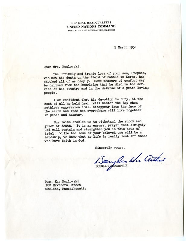 Typewritten letter from Douglas MacArthur to Mrs. Kay Kozlowski on United Nations Command letterhead