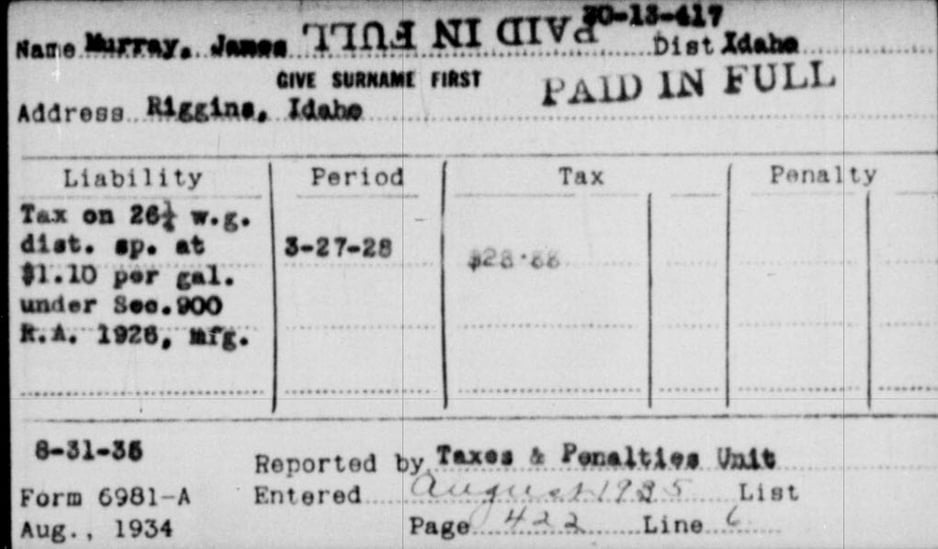 Typewritten index card showing the details of a violation