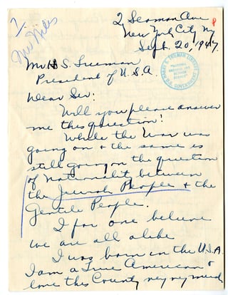Handwritten letter from Rose Weinstein to Harry Truman