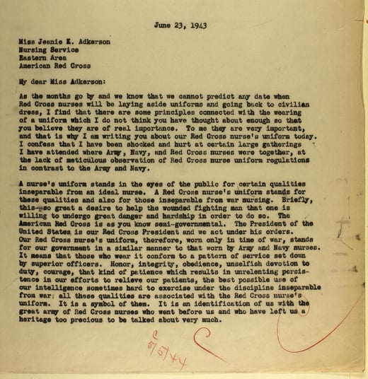 Typewritten letter explaining the importance of the Red Cross nurse's uniform