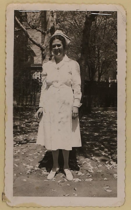 Black and white photograph of Nora Rita Meagher in a nurses uniform. 