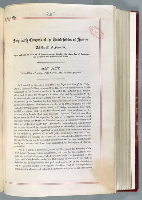 Digitized copy of Public Law 64-235, the legislation that established the National Park Service, displayed in a bound volume.