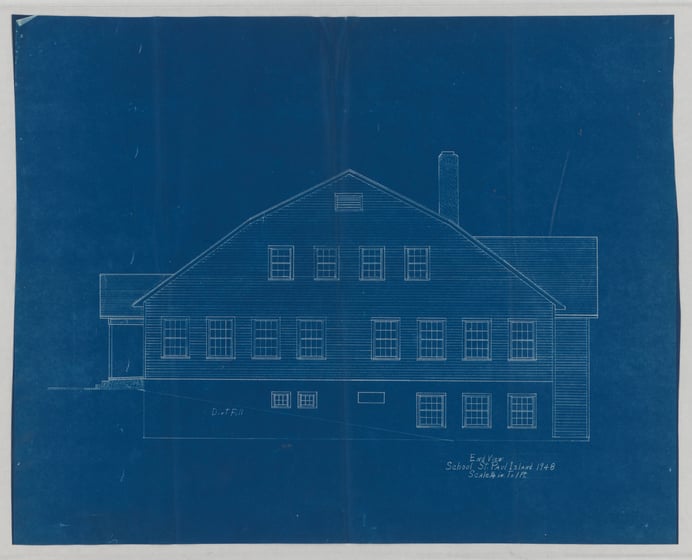 Blue and white blueprint architectural drawing of St. Paul Island schoolhouse
