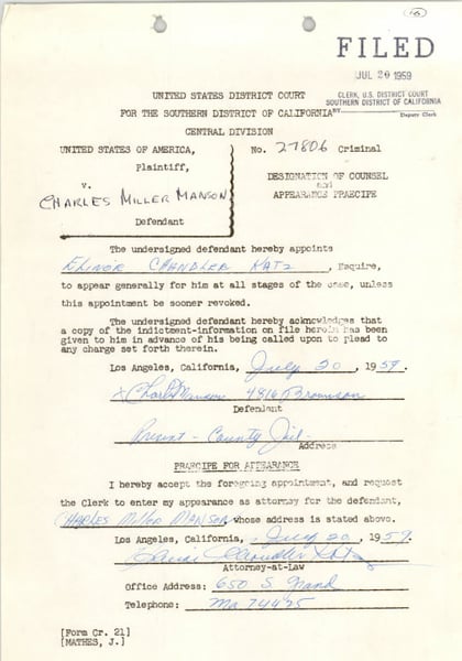 Page from criminal case file of the United States of America v. Charles Miller Manson. The form is typewritten with fields written in print and cursive handwriting.