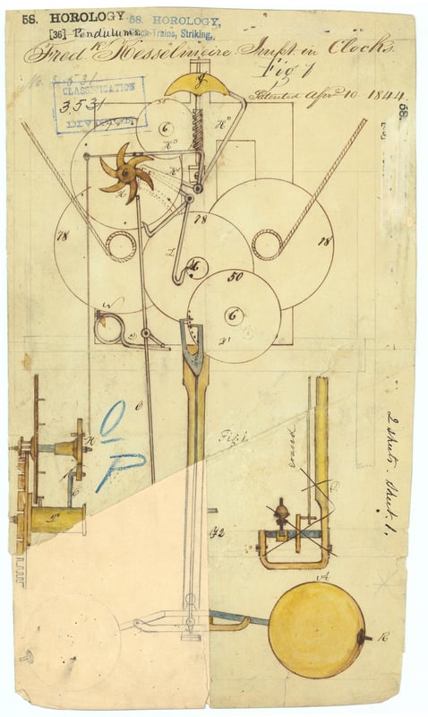Utility patent drawing for an improvement in clocks