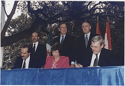 President Bush, Canadian Prime Minister Brian Mulroney and Mexican President Carlos Salinas participate in the initialing ceremony of the North American Free Trade Agreement in San Antonio, Texas