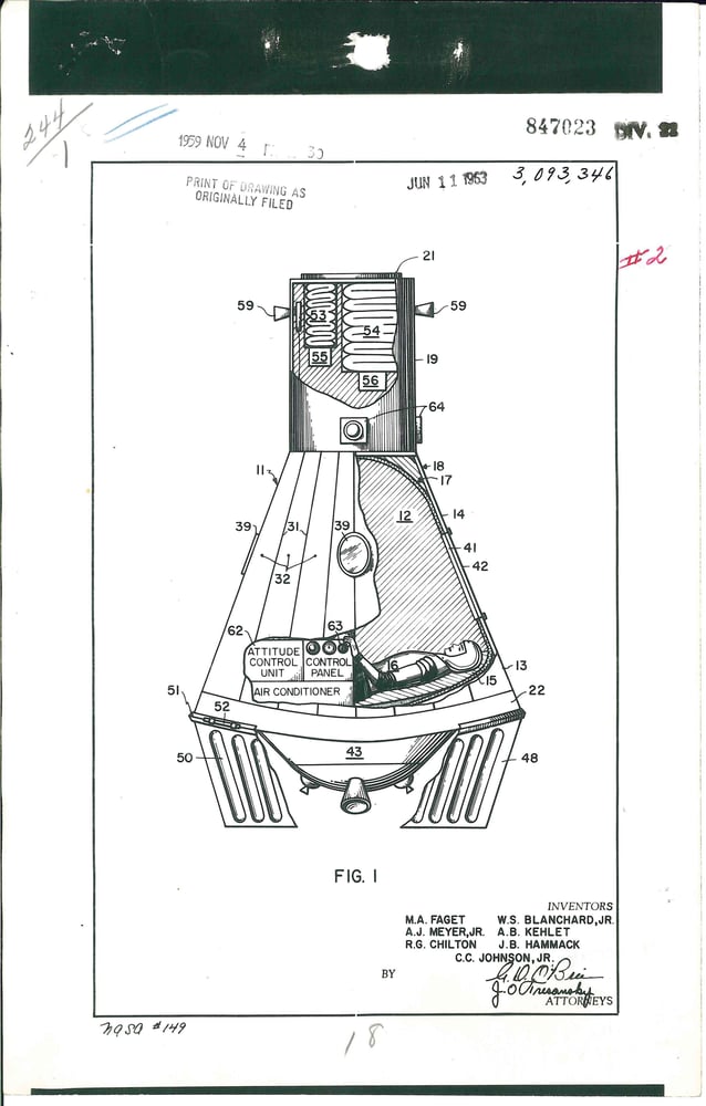 Patent Case File No. 3,093,346, Space Capsule, Inventors M.A. Faget, A.J. Meyer, Jr., R.G. Chilton, W.S. Blanchard, Jr., A.B. Kehlet, J.B. Hammock, and C.C. Johnson, Jr., National Archives Identifier 88214368