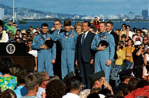 President Richard Nixon and Apollo 13 Astronauts Commander James A. Lovell, Command Module Pilot John L. "Jack" Swigert, and Lunar Module Pilot Fred W. Haise