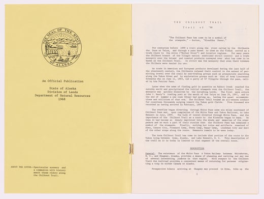 Interior pages of the Chilkoot Trail study. The pages are typewritten and include an emblem on the left side.