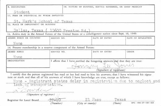 Selective Service Card for Tommy Lee Jones