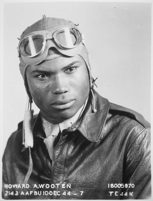 Black and white official photograph of a man in a bomber jacket and helmet and flying goggles from air corps school