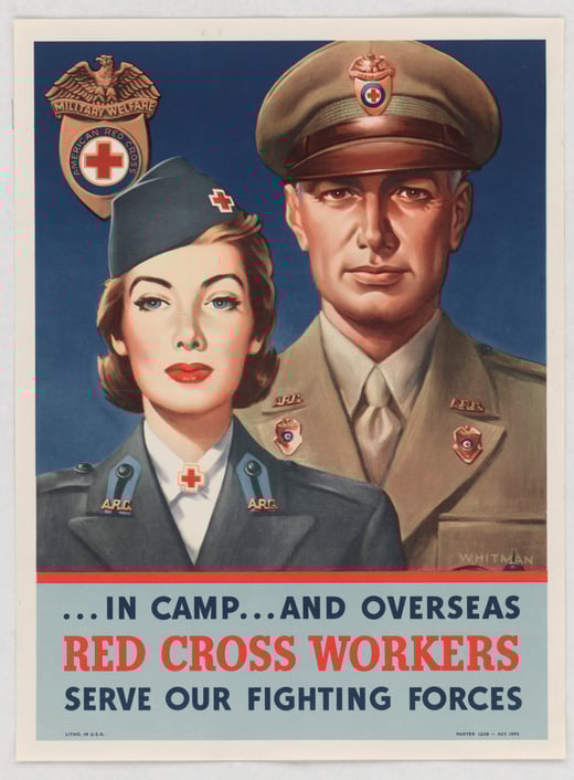 Color poster portraying a nurse in uniform in the foreground, with a male soldier standing behind her. The poster reads 