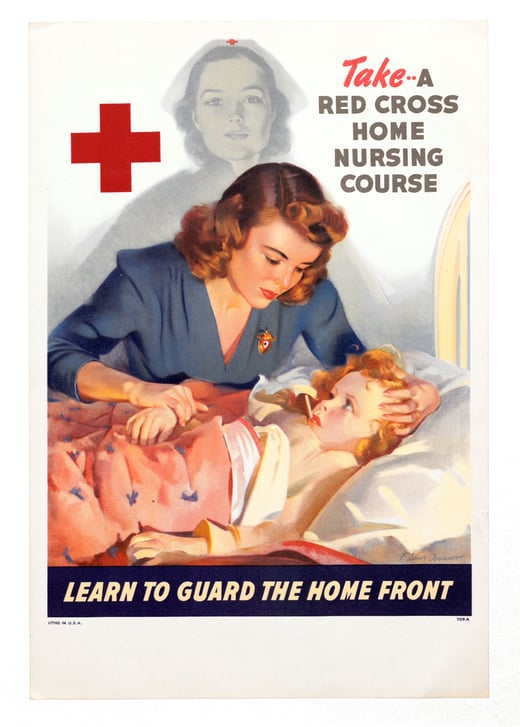 Color poster of a woman at the bedside of a small sick child. The image of a Red Cross nurse appears behind them