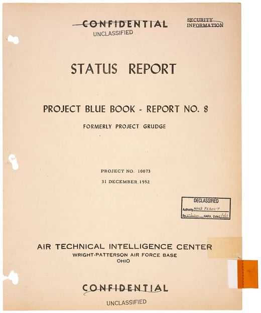 Cover page of Project Blue Book Status report. Confidential is marked at both the top and bottom of the page and crossed out, with an 