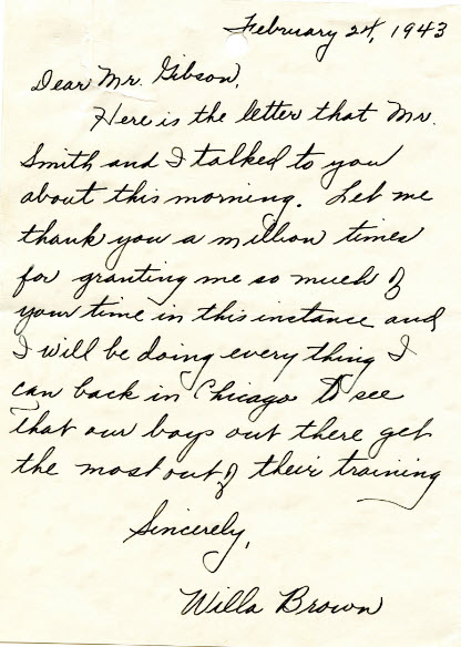 Handwritten cursive letter written by Willa Brown to a Mr. Gibson thanking him for his time.