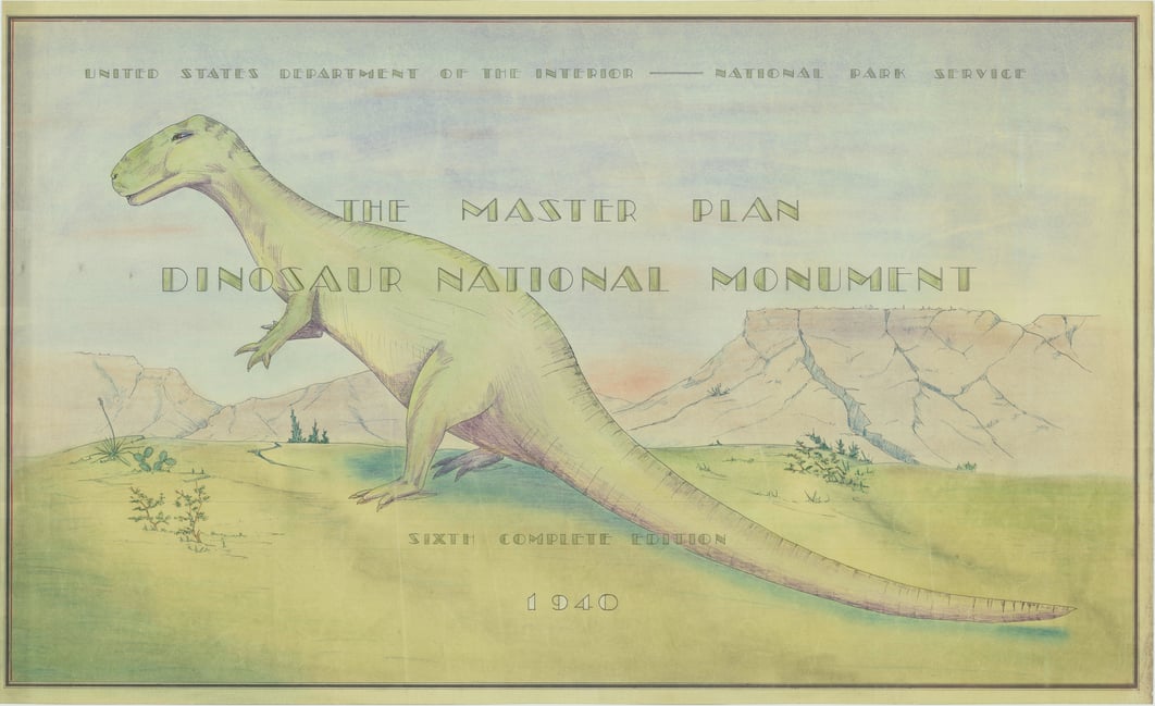 Colored drawing master plan cover of Dinosaur National Monument. The cover featured a dinosaur with a rocky terrain in the background.
