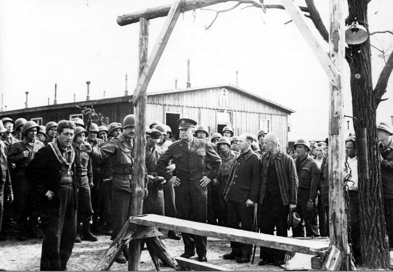 Gen. Dwight D. Eisenhower standing beside a gallows