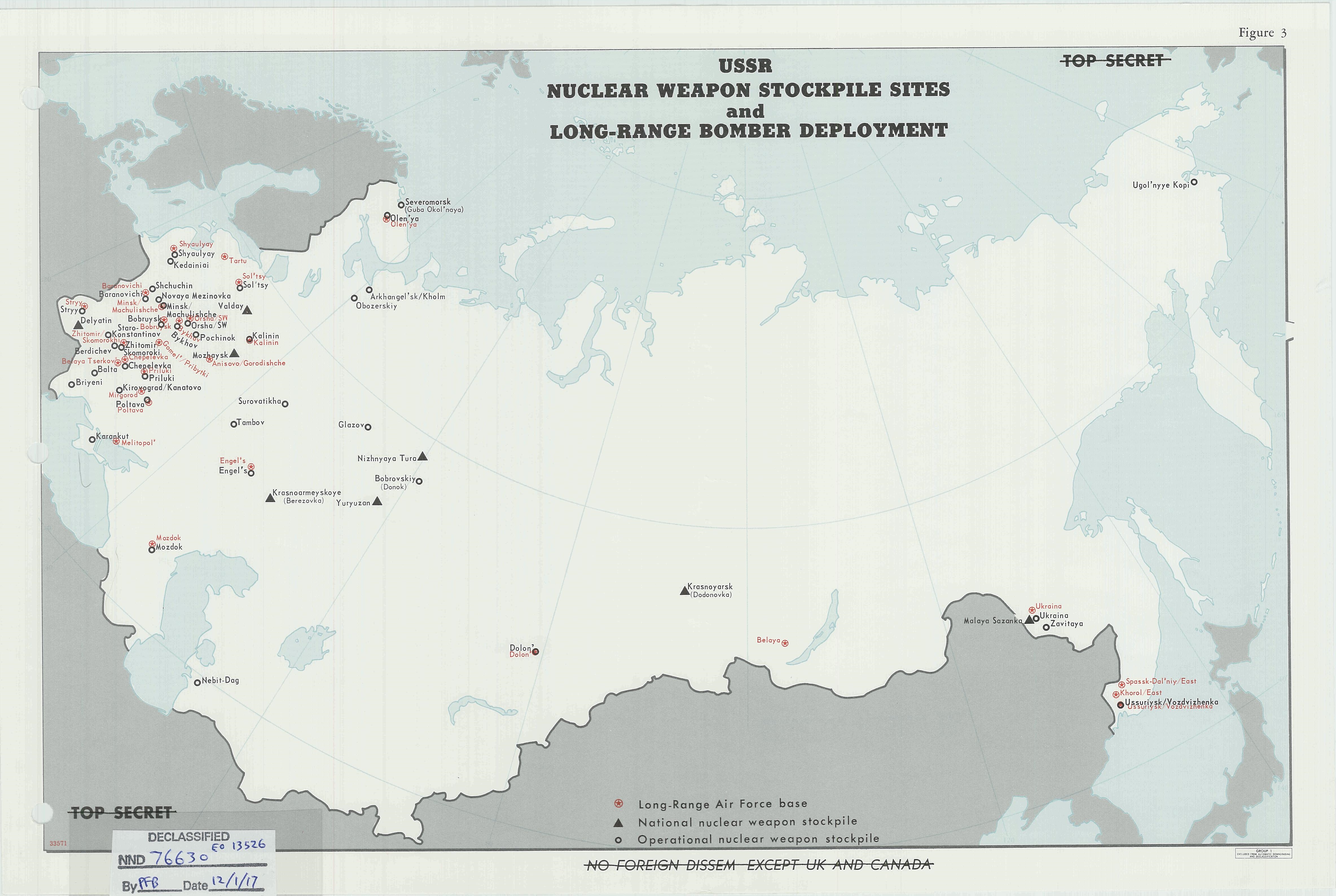 CIAP Map showing USSR Nuclear Weapons Stockpile sites and long range bomber deployment. The map has 