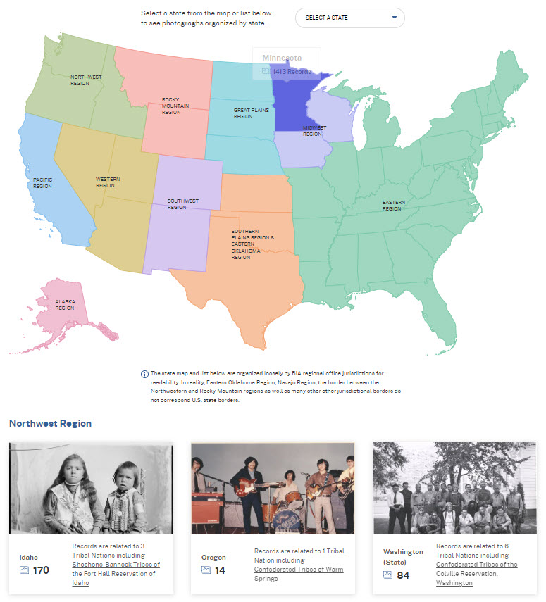 Image is a screengrab from the Bureau of Indian Affairs Finding aid website, showing an image of the United States and the ability to search photographs by state. Three representative images from the Northwest Region are shown at the bottom of the page.