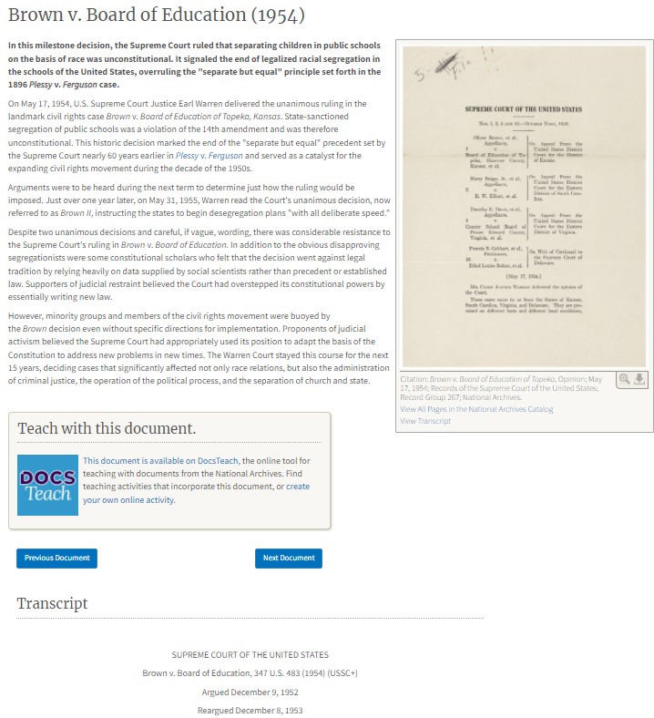Brown v. Board of Education document on the Milestone Documents website