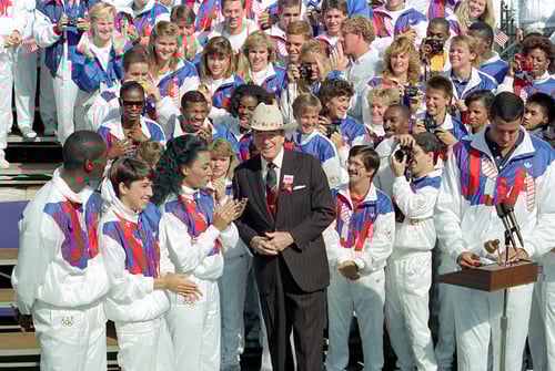President Ronald Reagan During a Ceremony to Welcome Home The United States Olympic Team Members Who Competed in Seoul, Korea Which Includes Robert Helmick Greg Barton Matt Biondi Janet Evans Florence Griffith Joyner and Andrew Maynard on The South Lawn, National Archives Identifier 75856325