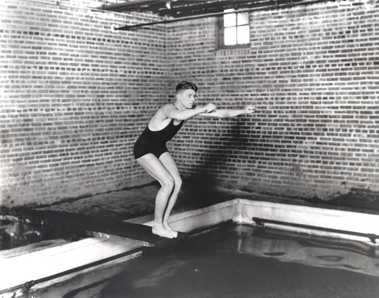 Ronald Reagan on Eureka College Swim Team Diving from Diving Board in Eureka, Illinois, 1928-32