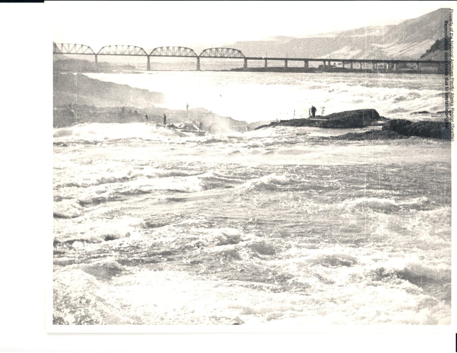 Wide-View of Fishermen at Celilo Falls and the Celilo Bridge