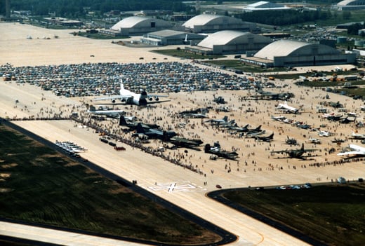 Aerial view of a variety of aircraft on display for visitors during the Armed Forces Day open house, 1981,