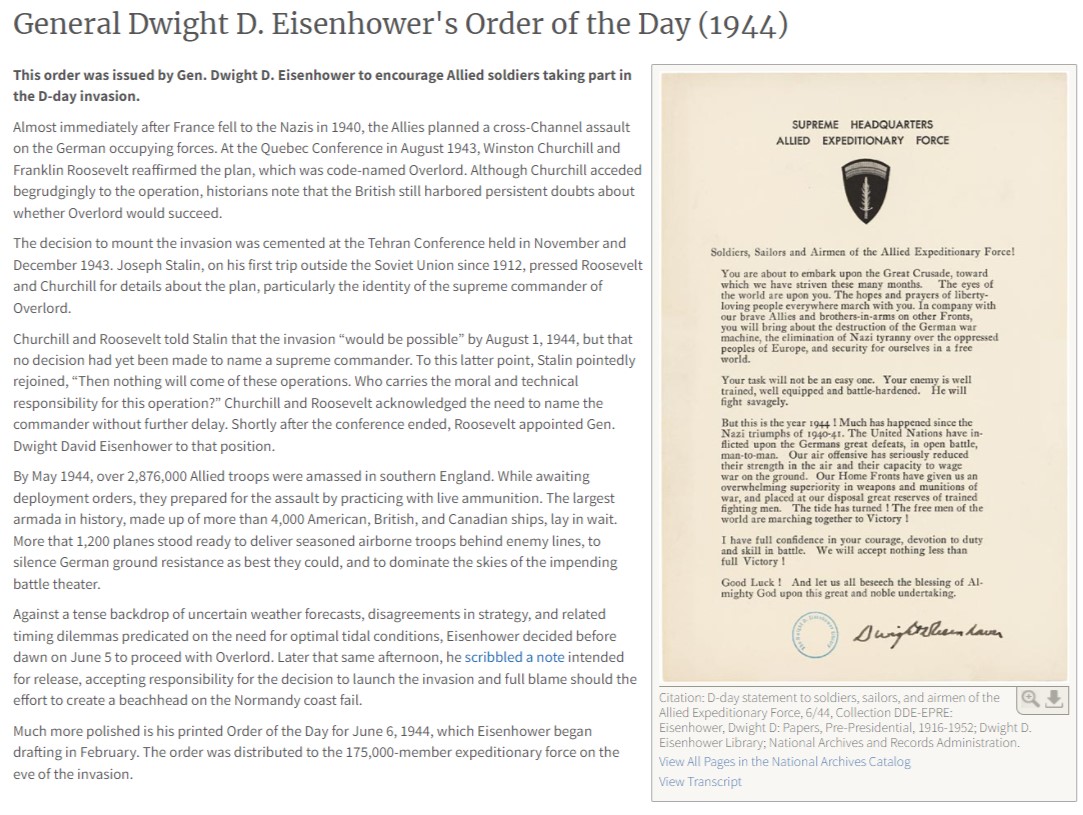 Page within Milestone document website featuring General Dwight D. Eisenhower's Order of the Day 