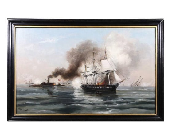 Rebel Ironclad Merrimac Destroying the US Frigate Congress