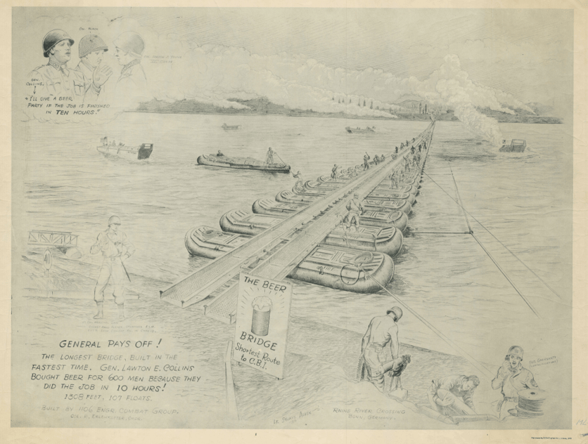 Black and white hand drawn map depicting a bridge built by soldiers. 