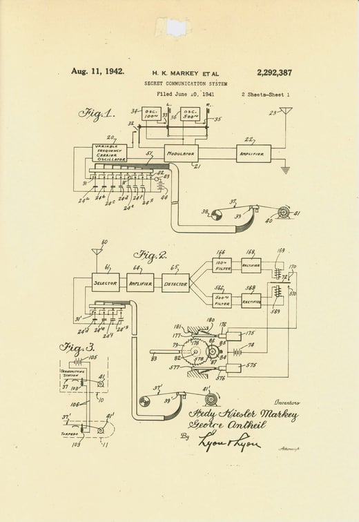 Patent Case File No. 2,292,387, Secret Communication System, Inventors Hedy Kiesler Markey and George Antheil, National Archives Identifier, 167820368
