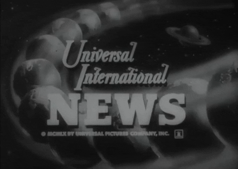 Black and white animated GIF of the Universal International News logo. The GIF shows the earth rotating and traveling in a path behind the Universal News logo