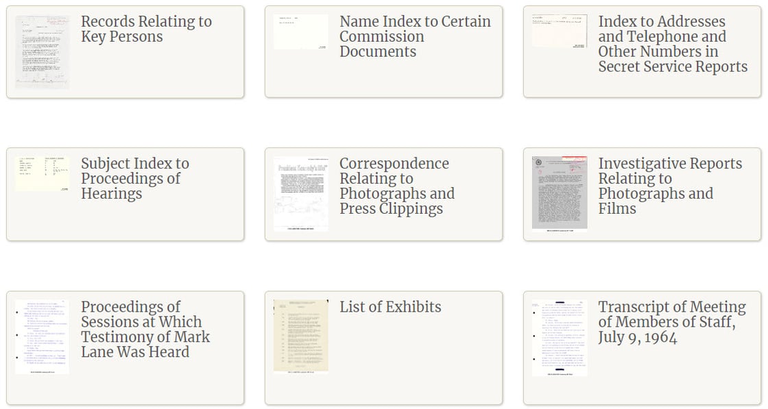 Screen capture of the missions in the JFK assassination records collection