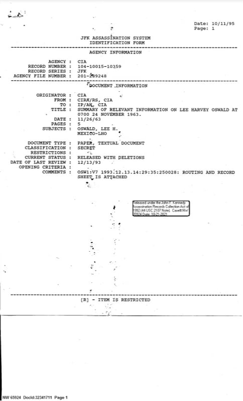 Cover page of declassified record related to the JFK assassination
