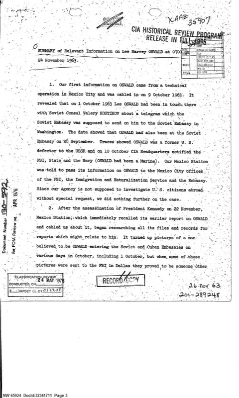 Typewritten page of a declassified document with the JFK assassination records collection