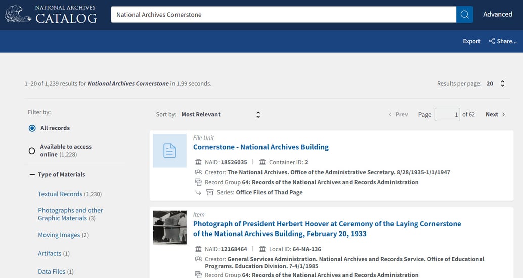 Screen capture of the newly redesigned National Archives Catalog. The search term entered is 