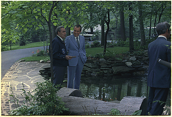 Richard M. Nixon and Leonid Brezhnev talking outside at Camp David, National Archives Identifier 194520