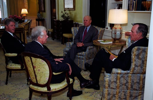 Photograph of President William J. Clinton Meeting with Former Presidents Gerald Ford, George H.W. Bush, and Jimmy Carter to Discuss the North American Free Trade Agreement